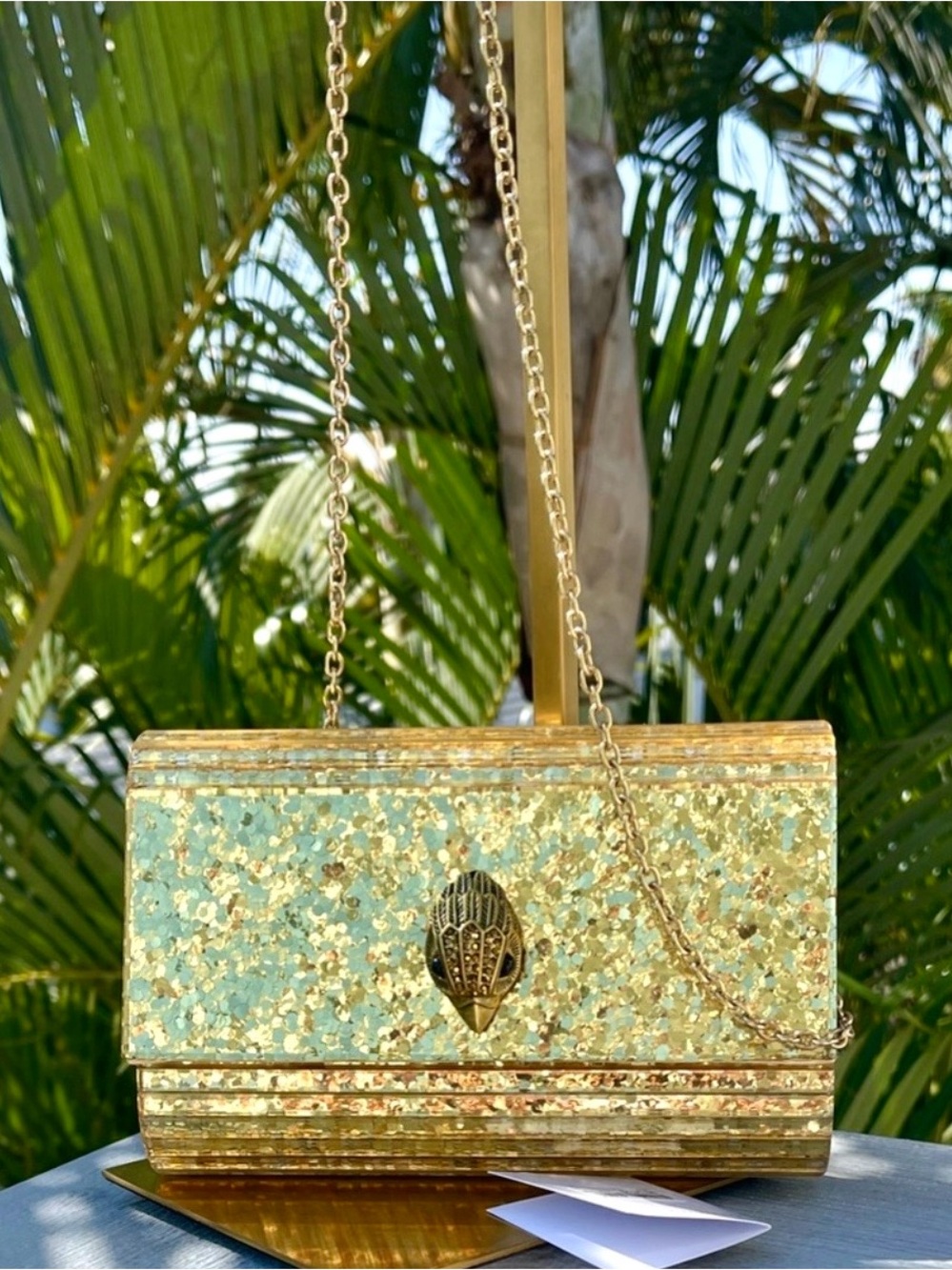 Kurt Geiger “Party” CrossbodyOrClutch Bag/Thick Acrylic PanelsOverGoldFlecks NWT